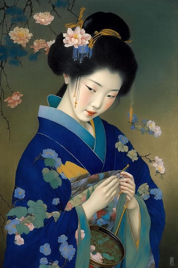 1000 Piece Jigsaw Puzzle for Adults, Blue Kimono Flower Girl Puzzle, Art DIY Educational, Gift Wall Decor
