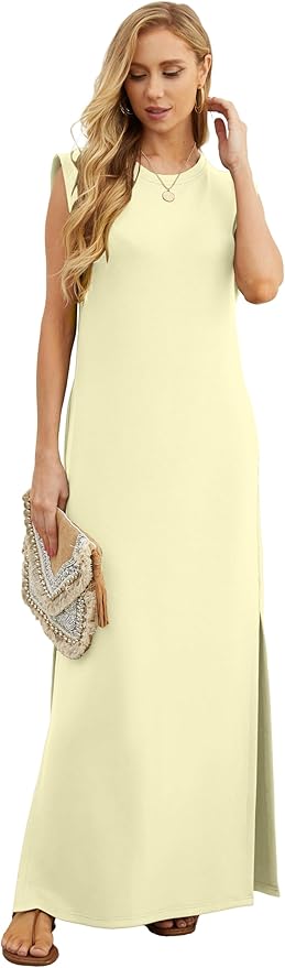GRECERELLE 2026 Women Year-Round Casual Round Neck Loose Split Wrinkle-Free Long Maxi Vacation Dress with Pockets (XXS-4XL)