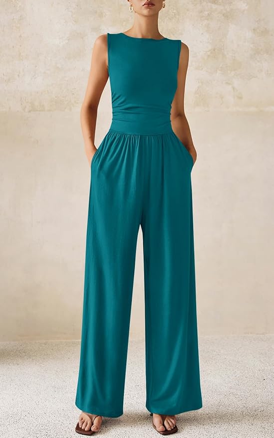 PRETTYGARDEN One Piece Jumpsuits for Women Dressy Casual Sleeveless Crewneck Wide Leg Rompers Jumpers Vacation Summer Outfits