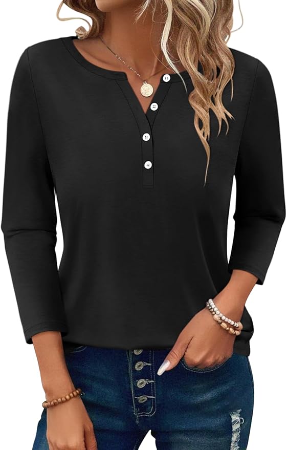 PGANDS Women's 3/4 Length Sleeve T Shirts Button Down Scoop Neck Casual Tops