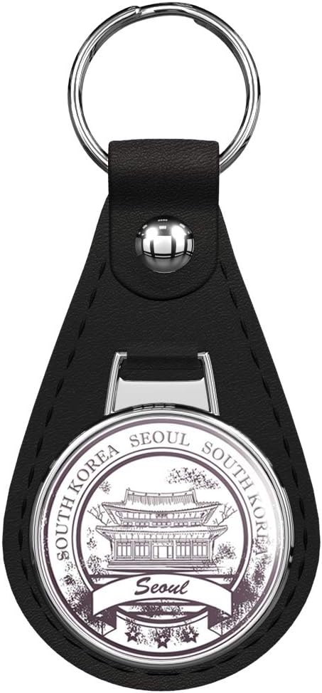 Seoul South Korea Grunge Rubber Stamp Travel Keychain Black Premium Leather Key Chain with Key Ring