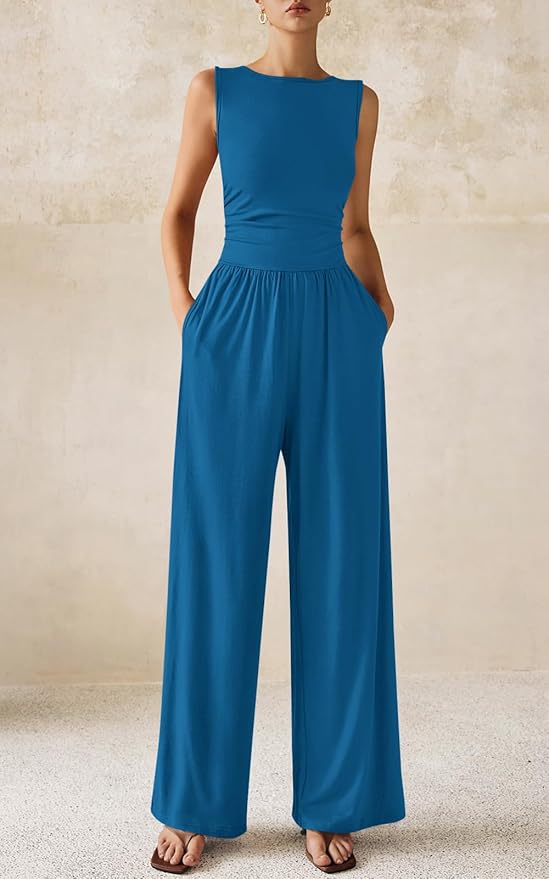 PRETTYGARDEN One Piece Jumpsuits for Women Dressy Casual Sleeveless Crewneck Wide Leg Rompers Jumpers Vacation Summer Outfits