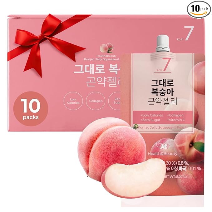 Korean Food Low Calories Squeeze Konjac Jelly, Peach Flavor, Fish Collagen, Vitamin, Zero Sugar, Chewier Texture, Health&Beauty (Net WT 5.07 oz, Pack of 10) 곤약젤리
