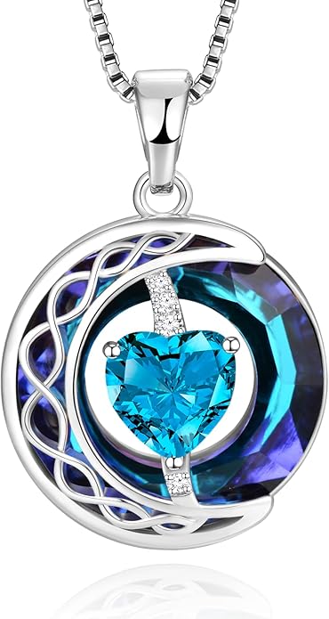 LIANYU Necklace for Womens Blue Sapphire Necklace Moon Pendant S925 Sterling Silver Crystal Jewelry for Women Pendant Birthday Gifts for Wife Gifts Valentine Anniversary