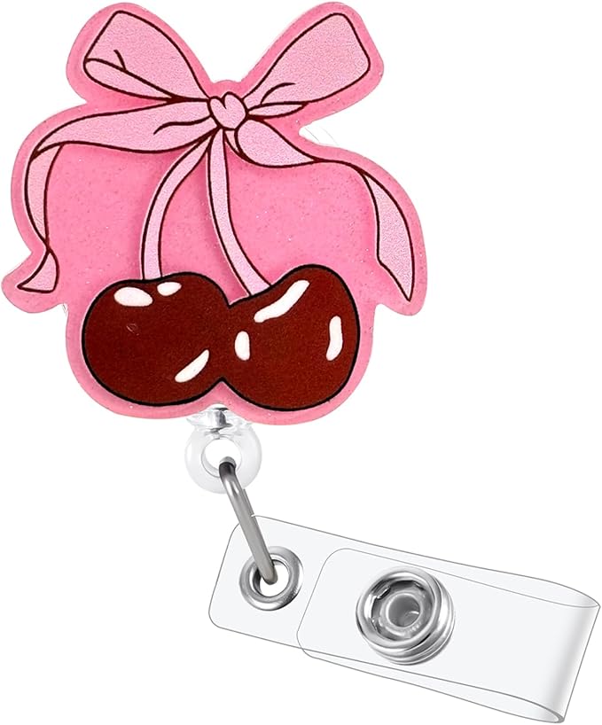 Pink Bow Cherry Badge Reel, Cute Retractable ID Card Badge Holder, Name Tag Work Badge Clip for NICU RN LPN CNA MA ER Night Shift Nurse Nursing Student Pediatric OB/GYN Doctor Teacher, Nurse Gifts