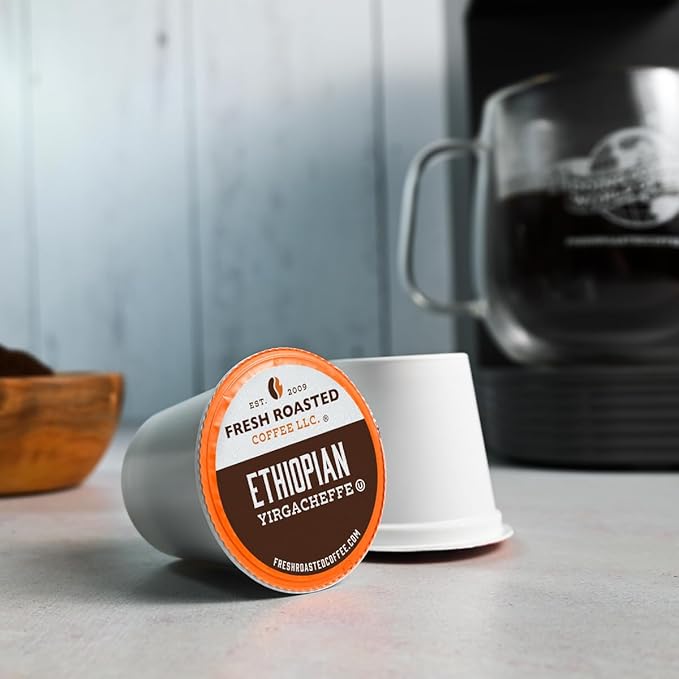 Fresh Roasted Coffee, Dark Ethiopian Yirgacheffe Kochere, Dark Roast, 24 Pods for K Cup Brewers