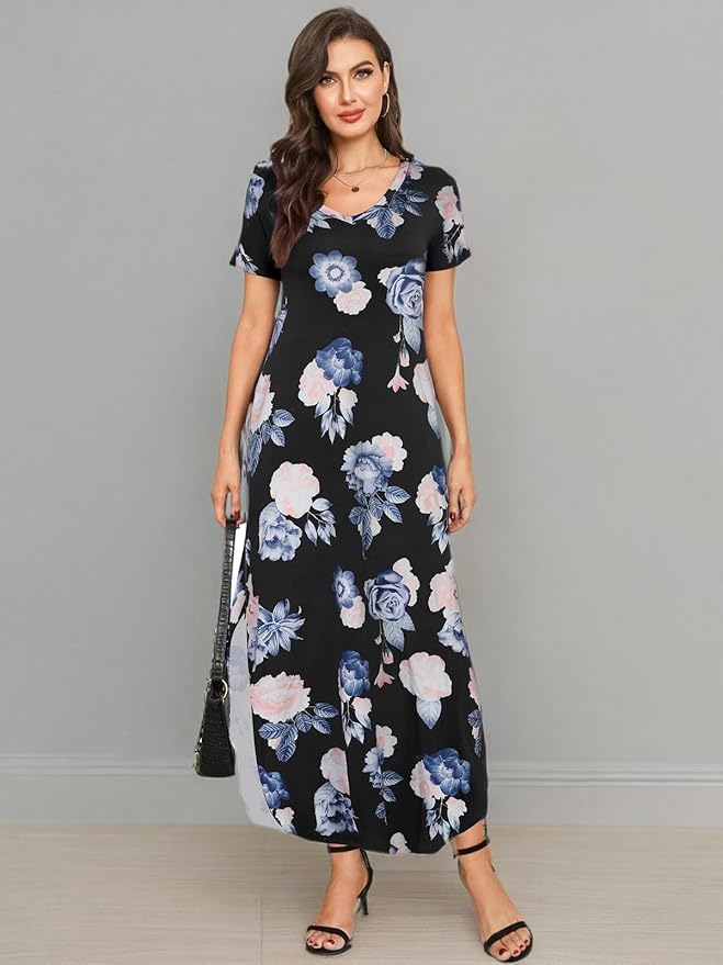 Arolina Women's Summer Maxi Dress Short Sleeve V Neck Casual Loose Long Beach Split Dresses with Pockets
