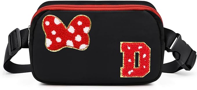 Chenille Initial Letter Bow Mouse Fanny Pack, Waterproof Park Crossbody Bag Christmas Birthday Gifts for Teen Girls Daughter Women Kids Adults, Cute Belt Bag Must Haves for Park Travel (D, Black)