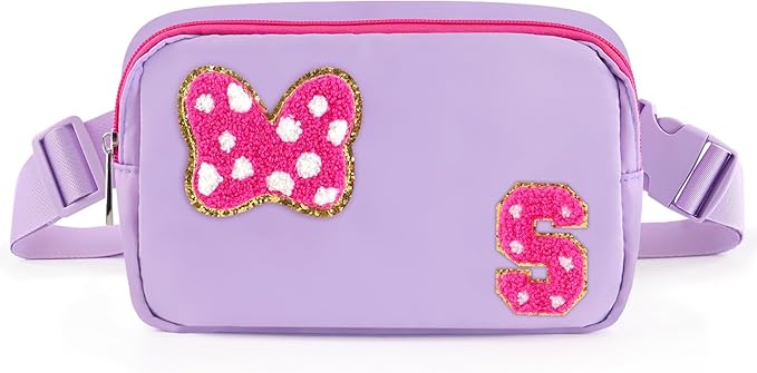 Chenille Initial Letter Bow Mouse Fanny Pack, Waterproof Park Crossbody Bag Christmas Birthday Gifts for Teen Girls Daughter Women Kids Adults, Cute Belt Bag Must Haves for Park Travel (S, Purple)