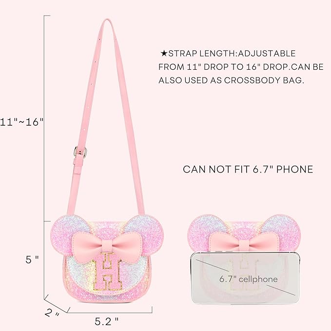 mibasies Toddler Purse Girl Gifts: Girls Birthday Gifts for 3-8 - Toys for Ages 2-4 Girls Mouse Ears Purse, Glitter Rainbow, Letter H