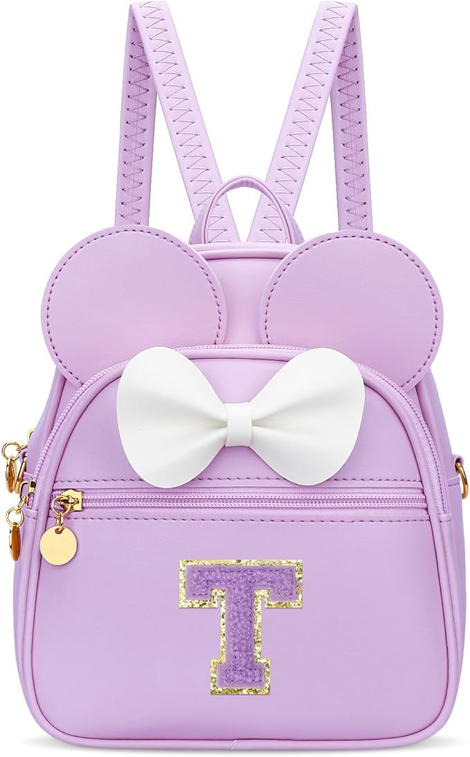 KKXIU Girls Initial Bowknot Cute Mini Backpack for Toddler, Travel Small Girl Backpacks, Personalized Valentine's Day Gifts for Little Girls and Kids(T, Purple)