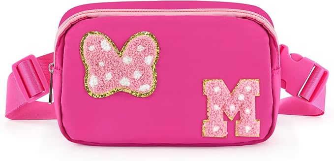 Chenille Initial Letter Bow Mouse Fanny Pack, Waterproof Park Crossbody Bag Christmas Birthday Gifts for Teen Girls Daughter Women Kids Adults, Cute Belt Bag Must Haves for Park Travel (M, Rose Red)