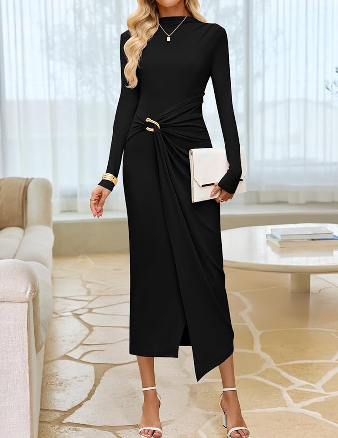 ZESICA Women's 2026 Spring Long Sleeve Bodycon Dress Mock Neck Wedding Guest Cocktail Party Long Midi Dresses