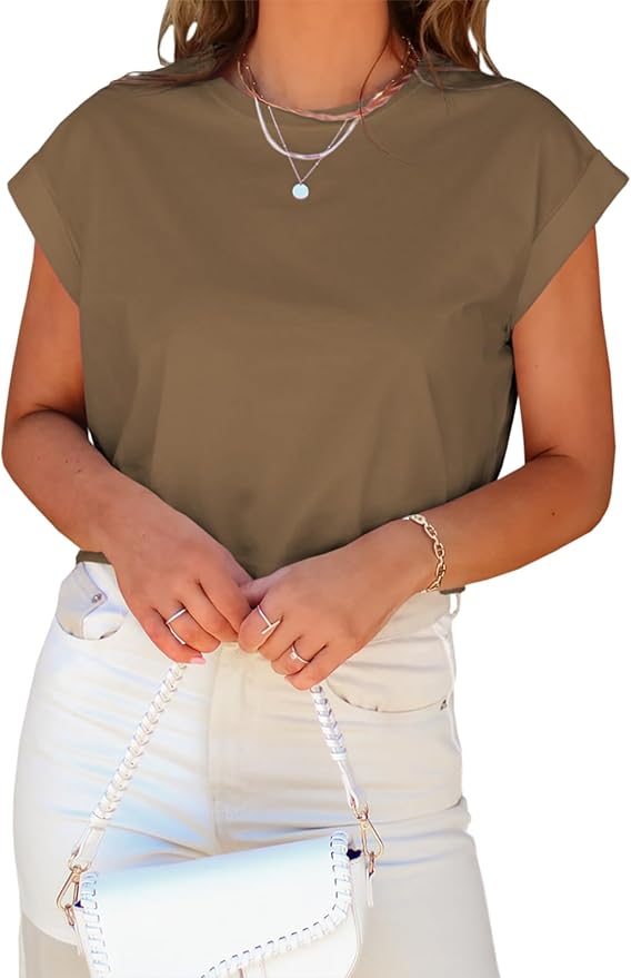 Tankaneo Womens Short Sleeve Cropped T-Shirts Summer Rolled Dolman Sleeve Crop Tops Casual Round Neck Solid Short Basic Tees