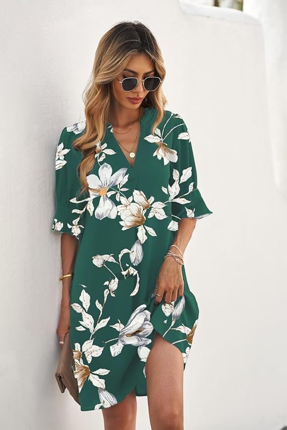 QACOHU Summer Dresses for Women V Neck Ruffle Short Sleeve Casual Shift Dress