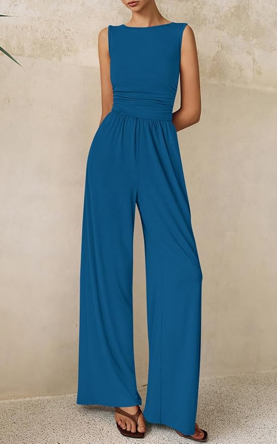 PRETTYGARDEN One Piece Jumpsuits for Women Dressy Casual Sleeveless Crewneck Wide Leg Rompers Jumpers Vacation Summer Outfits