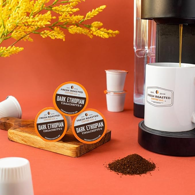 Fresh Roasted Coffee, Dark Ethiopian Yirgacheffe Kochere, Dark Roast, 24 Pods for K Cup Brewers