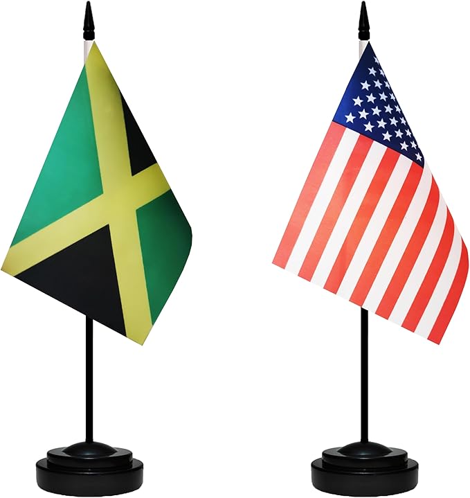 USA American & Jamaica Jamaican Desk Flags, US Jamaica Office Table Flag, Small Mini Miniature Jamaican and US Desktop Flag With 13" Solid Black Pole, Black Base