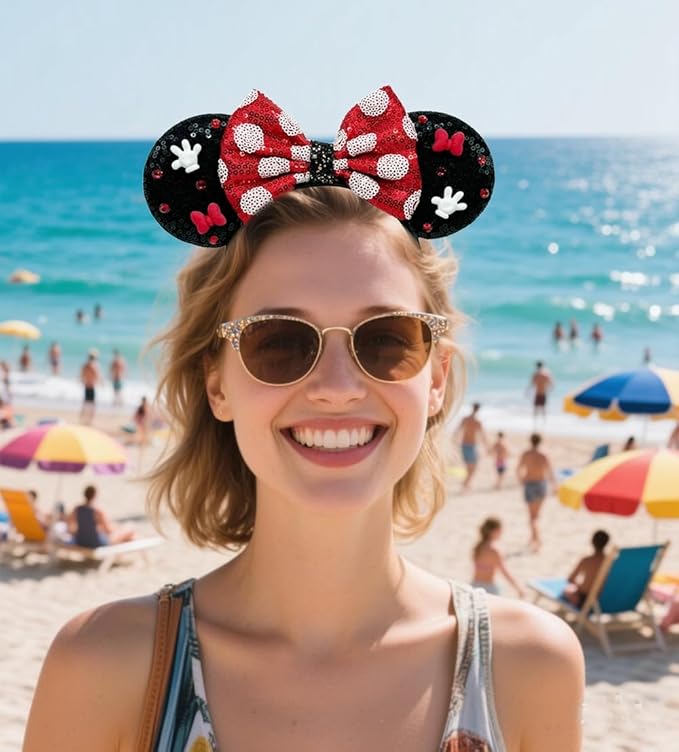 WW-WONDERFULWORLD Shiny Mouse Ears Headbands With Sequin Polka Dot Bow & Diamond, Black and Red, Glitter Party Costume Accessory, Park Cosplay