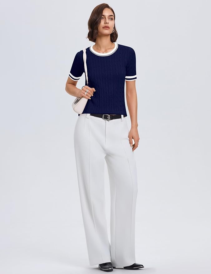 Micoson Womens Short Sleeve Cable Knit Sweater Tops Crewneck Lightweight Spring Summer Shirts Business Dressy Casual Outfits