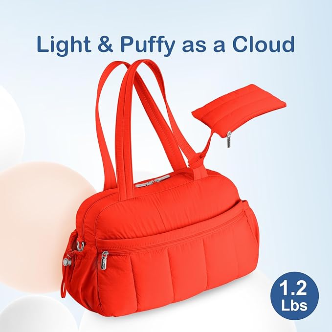 TOPDesign Travel Duffel Bag for Women, Puffer Gym Bag Sports Tote with Wet Pocket, Carry On Weekender with Luggage Sleeve (Red Orange)