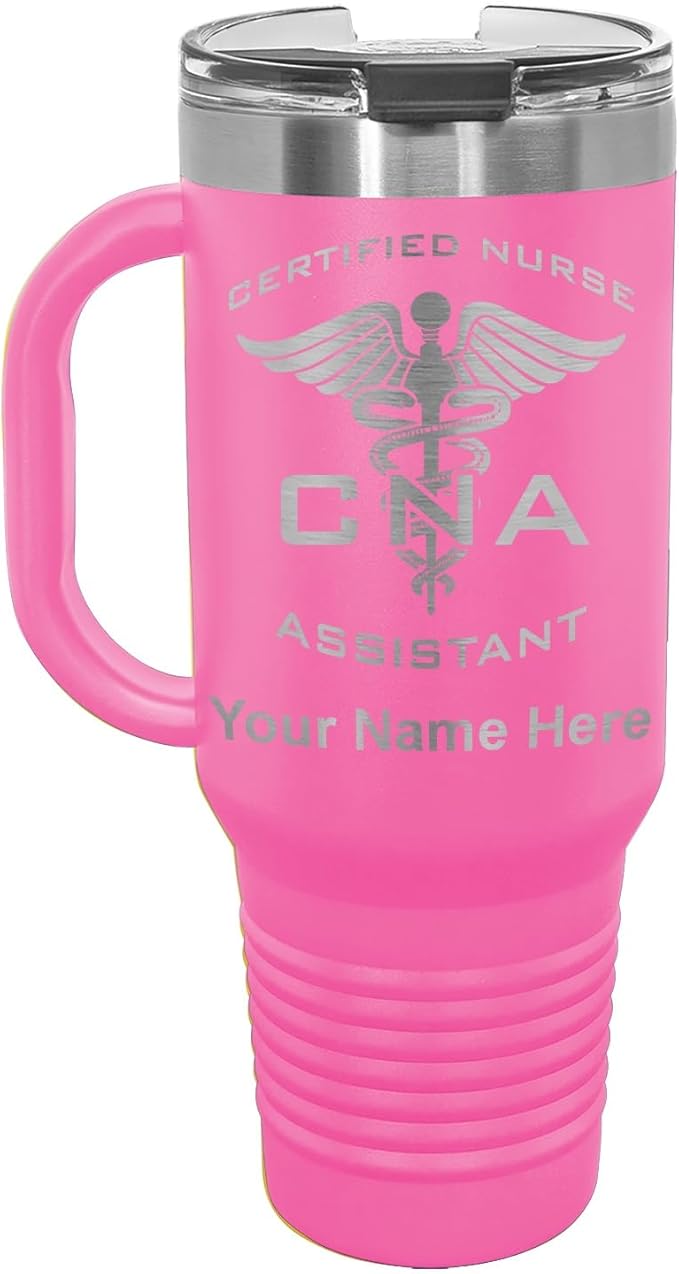 LaserGram 40oz Vacuum Insulated Travel Mug with Handle, CNA Certified Nurse Assistant, Personalized Engraving Included (Pink)
