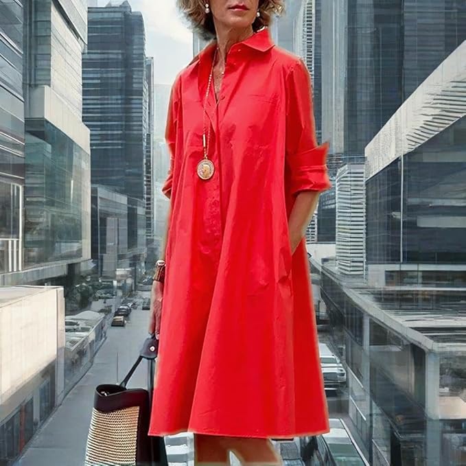Womens 2025 Long Sleeve Button Down Shirt Summer Dress Casual V Neck Loose Fit Midi Shirt Dresses with Pockets