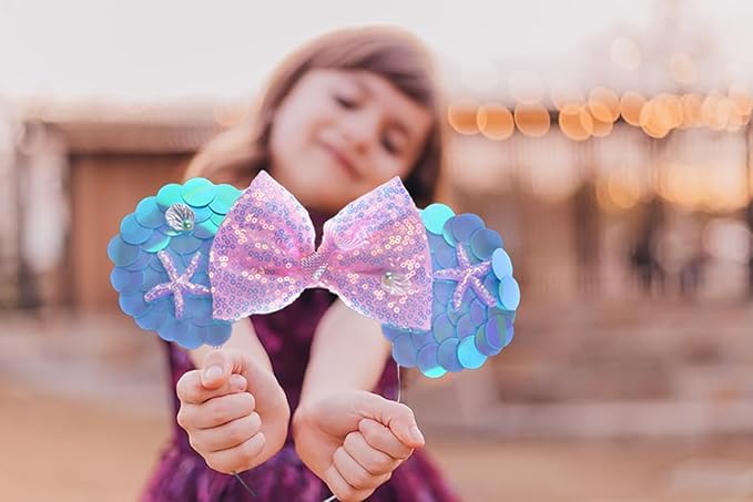 WW-WONDERFULWORLD Mouse Ears Headband With Shiny Mermaid Sequins & Bow, for Girls Costume Cosplay Glitter Ocean Party, for Kids & Adult, Blue; MRY1