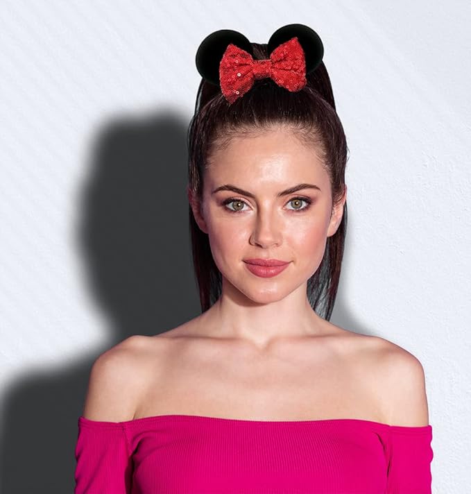 Styla Hair 2pk Mouse Ear Scrunchies, Hot Pink Solid Red - Velvet Hair Bow Scrunchies for Women with Sparkle Sequins, Mickey Mouse Ears for Pony Tail
