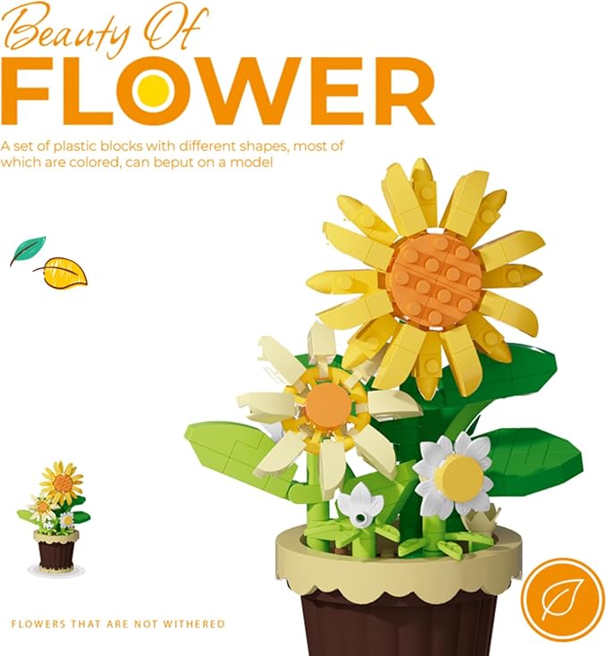 Jollcnoia Sunflower Mini Flower Potted Plant Bonsai Building Toy Blocks Artificial Particle Flower Botanical