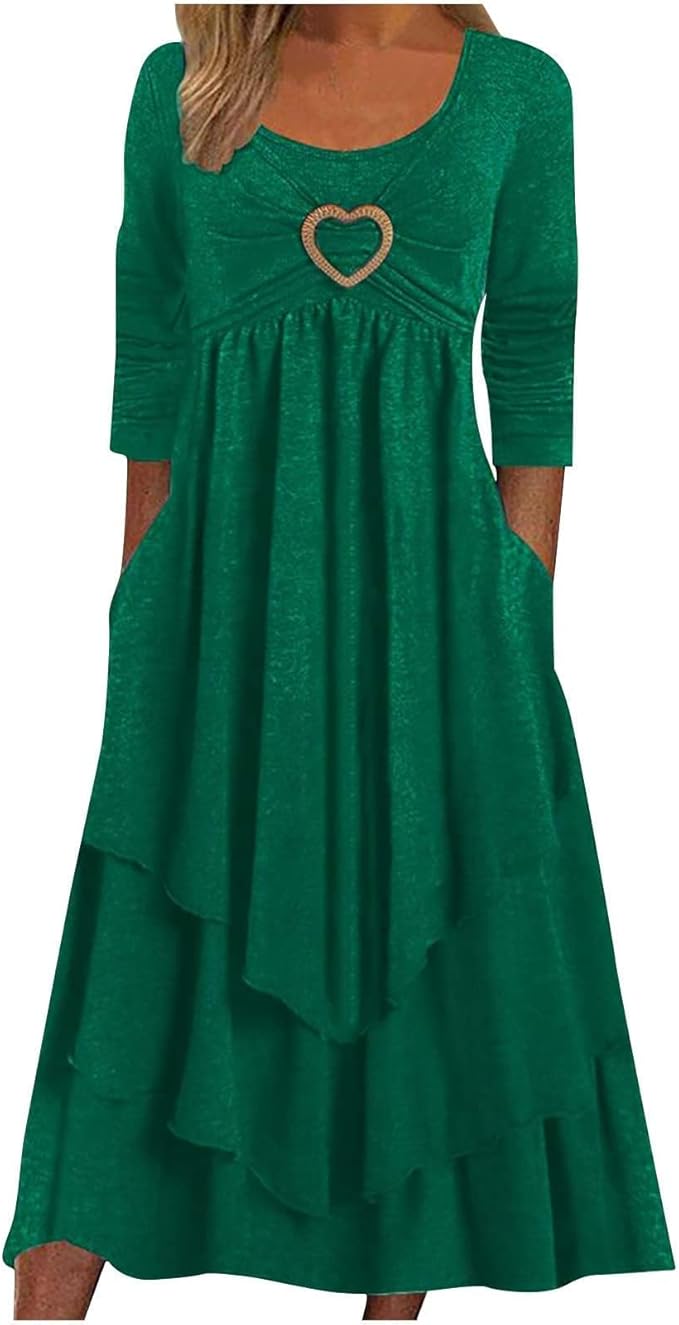 Winter Dresses for Women Wedding Guests Casual Cute Heart Long Sleeve Tiered Maxi Dress with Pockets Plus Size
