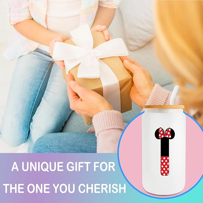 Cute Cartoon Mouse Lover Gifts Initial A-Z Personalized Iced Coffee Cup Magic Mouse Stuff Wizard Gift 16oz Glass Cup with Lid and Straws Birthday Christmas Gifts for Women Teen Girls (Letter I)
