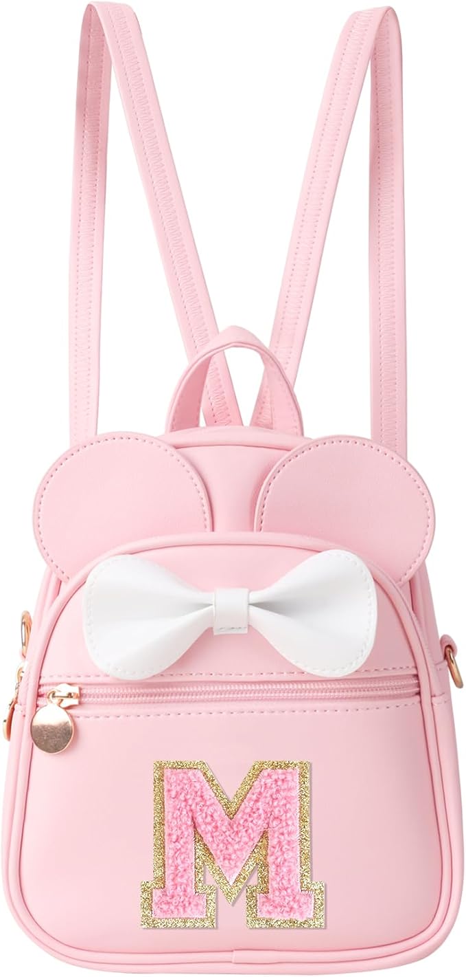 UIXIZQ Personalized Toddler Backpack for Girls 3–10, Cute Mini Bowknot Mouse-Ear Toddler Bookbag Crossbody Purse, Small Daypack Wallet Set, Initial Birthday Gift, Trendy Little Kids/Teen Bag(Pink,M)