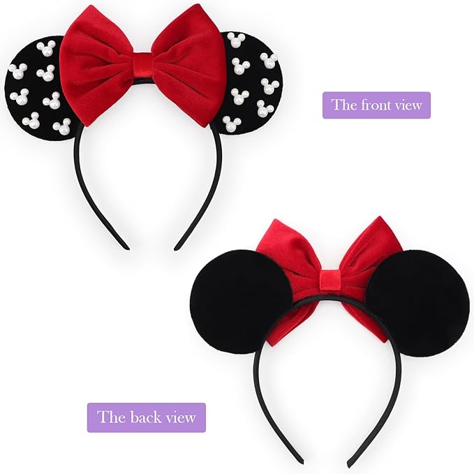 DRESHOW Mouse Ears Headbands for Women Pearl Hairbands Bow Head bands Velvet Head band Christmas Cosplay Costume Princess Party Decorations Halloween & Disney Trip