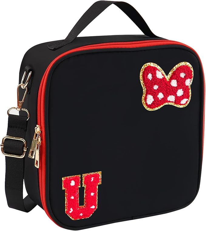 Preppy Initial Bow Mouse Lunch Bag, Kids Insulated Lunch Box Gifts for Teen Girls Daughter, Reusable Soft Lunch Containers Crossbody Cooler Bag Must Haves for Park Travel School Work Picnic Black U