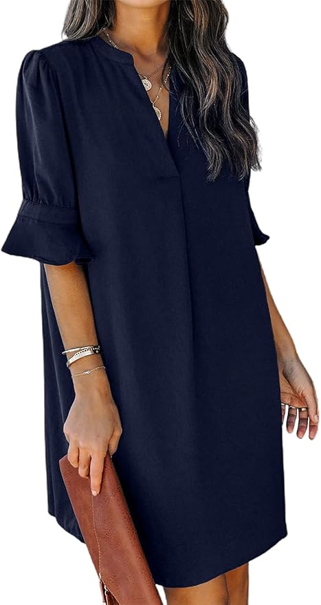 QACOHU Summer Dresses for Women V Neck Ruffle Short Sleeve Casual Shift Dress