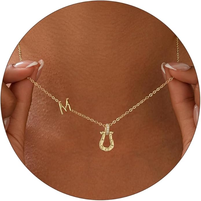 ITS4YEO Valentines Day Gifts for Women Hers, Lucky Horseshoe Initial Necklace, Dainty 14K Gold Plated Pendant Necklace, Trendy Hypoallergenic Jewelry, Gifts for Women and Teen Girls