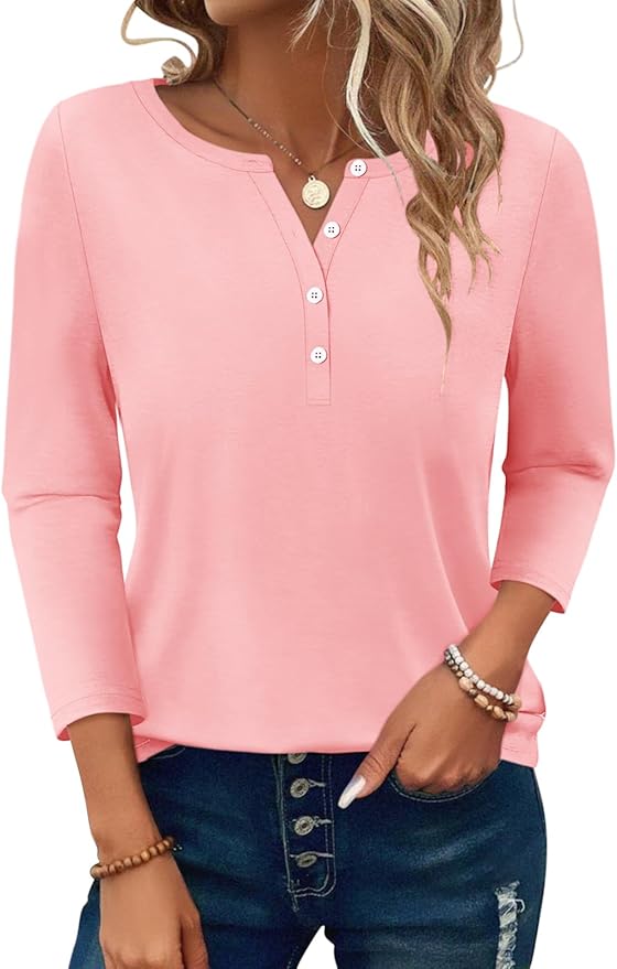 PGANDS Women's 3/4 Length Sleeve T Shirts Button Down Scoop Neck Casual Tops