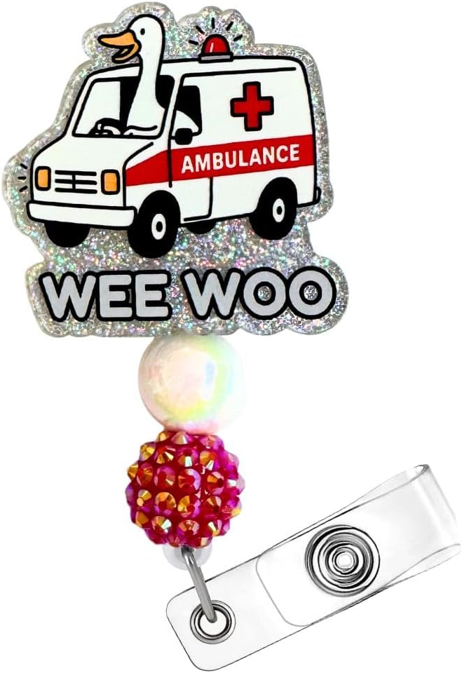Wee Woo Ambulance Goose Badge Reel Funny Silly Healthcare Humor Paramedic EMT EMS Emergency ER ID Name Holder Alligator Clip Hospital Clinic Decorative Accessories Gifts for Nurses CNA Medical Staff