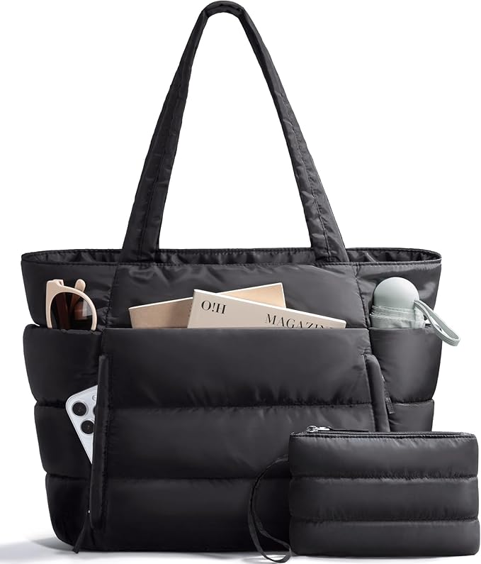 Puffer Tote Bag for Women, Lightweight Puffy Work Handbag Teacher Nurse Quilted Shoulder Bag for School Travel Gym | Quilted, with Zipper, Daily Carry On Bags, Comfy College Bags, 15.6" Laptop Sleeve, Cup Holder Pocket, Portable, Spacious
