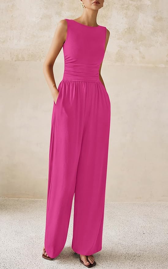 PRETTYGARDEN One Piece Jumpsuits for Women Dressy Casual Sleeveless Crewneck Wide Leg Rompers Jumpers Vacation Summer Outfits