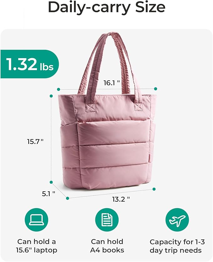BAGSMART Tote Bag for Women, Lightweight Puffy Tote Bag with Compartments Shoulder Bag Handbag for Travel, Work, Gym | Lightweight, Puffy, Tote Bag with Compartments, Quilted, for Travel, Work
