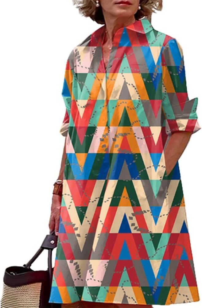 Womens 2025 Long Sleeve Button Down Shirt Summer Dress Casual V Neck Loose Fit Midi Shirt Dresses with Pockets