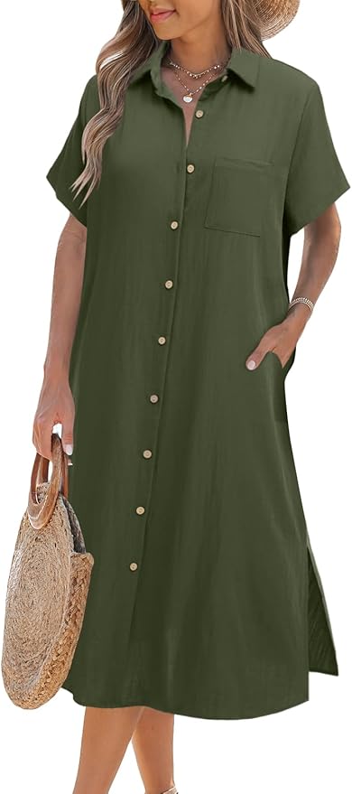 Zeagoo Women Dresses Summer Casual Short Sleeve Button Down Shirt Dresses 2025 Beach Cover Up with Pockets