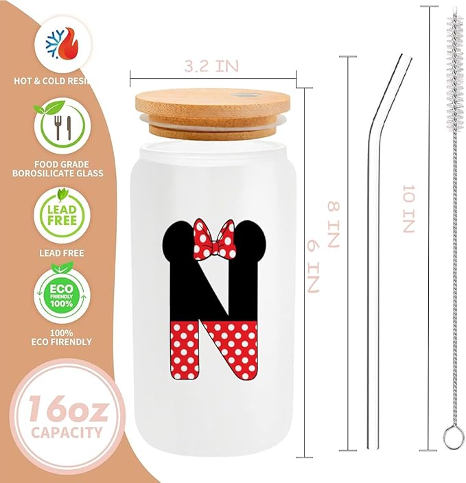 Cute Cartoon Mouse Lover Gifts Initial A-Z Personalized Iced Coffee Cup Magic Mouse Stuff Wizard Gift 16oz Glass Cup with Lid and Straws Birthday Christmas Gifts for Women Teen Girls (Letter N)