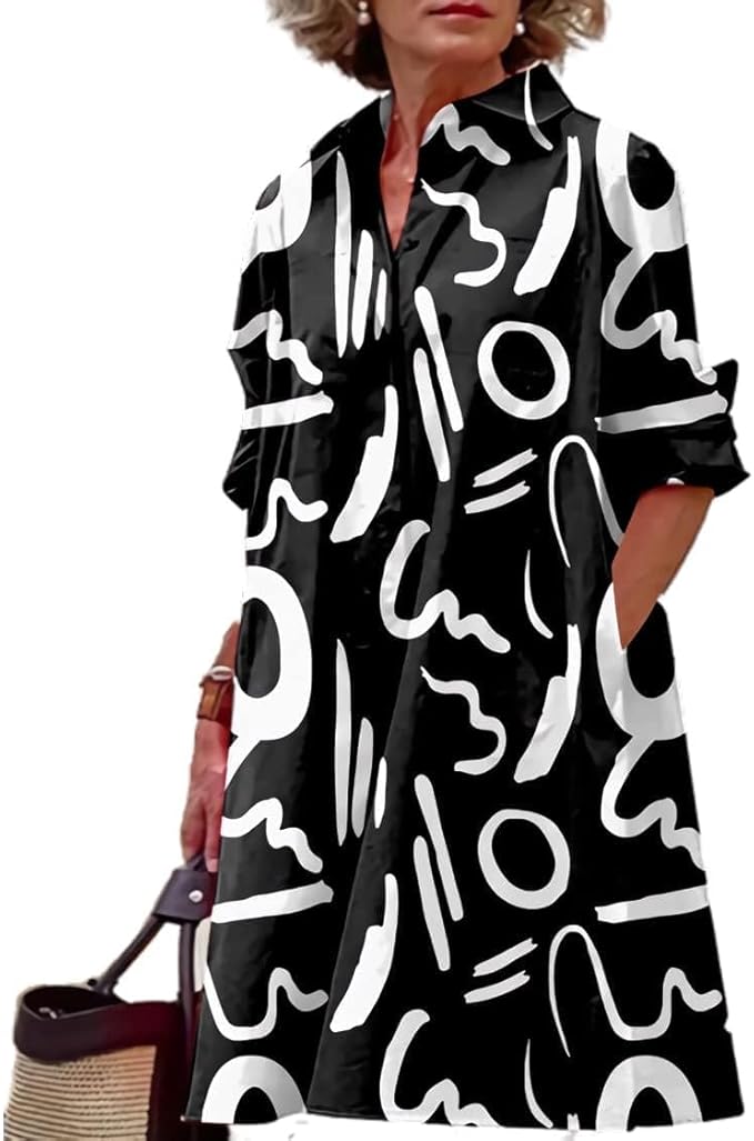 Womens 2025 Long Sleeve Button Down Shirt Summer Dress Casual V Neck Loose Fit Midi Shirt Dresses with Pockets