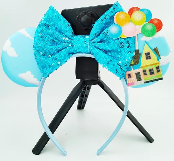 WW-WONDERFULWORLD Mouse Ears Headbands with Shiny Blue Bows, for Costume Cosplay Glitter Party, Sky + Balloon + House; 2QQ
