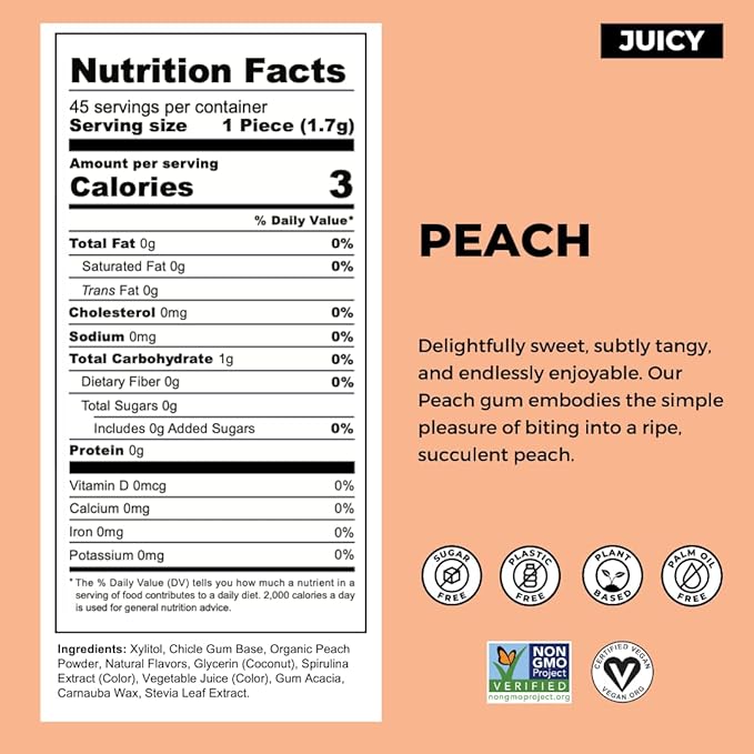 Refresh Gum, Sugar Free, Natural, Xylitol, Long Lasting Chewing Gum, Natural Flavors, Organic Ingredients, Plastic Free, Non GMO, Gluten Free, Vegan (12 Count (Pack of 12), Peach)
