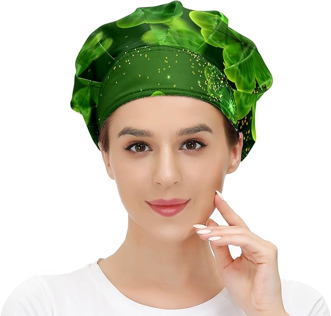 Women's Working Cap Green Clovers Golden Adjustable Working Hats with Sweatband and Elastic Toggle Head Cover