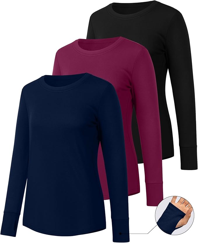Huukeay 3 Pack Women's Long Sleeve Shirts with Thumb Holes, Cotton Casual Crew Neck Tunic Tops Fall Loose Y2k Trendy Outfits